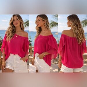 pebble and stone Fuchsia Off-Shoulder Flutter Sleeve Blouse